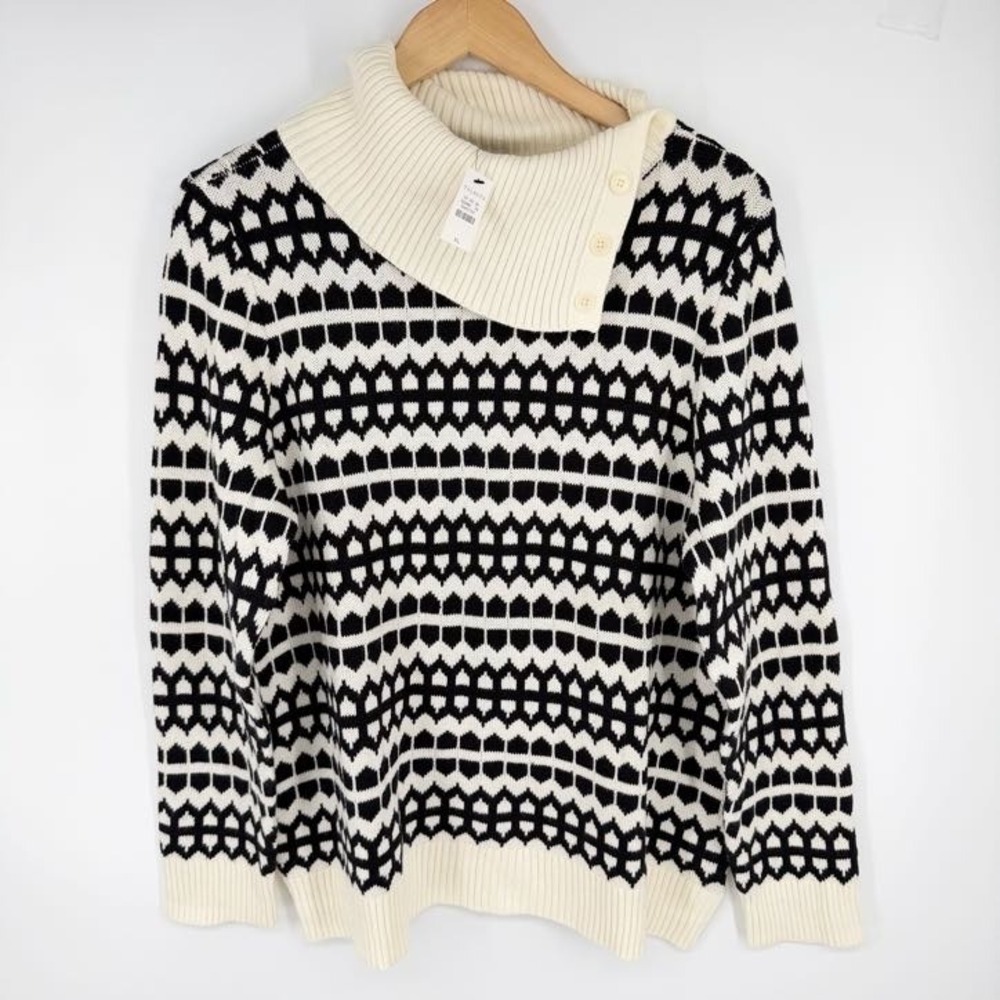 NEW Talbots Fair Isle Sweater XL Black Ivory Shawl Collar Button Cotton Cabin